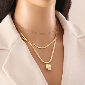 Stainless Steel Double Layer Necklace Gold Plated Geometric Pendant Layered Snake Bone Chain Minimalist Jewelry For Women