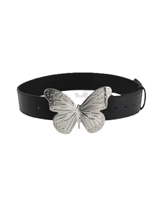 Vintage black leather belt with silver butterfly buckle in retro aesthetic style