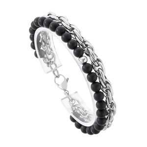 Vintage men's double-layer bracelet with black matte beads and stainless steel silver chain