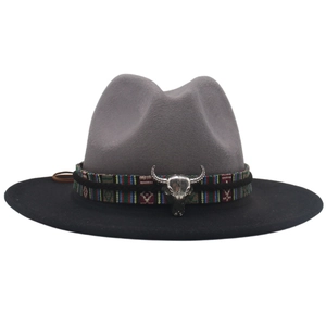 Wide Brim Fedora Hat Wool Blend Felt Western Cowboy Bull Skull Metal Ornament Ethnic Woven Band Two Tone Gradient