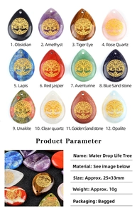 Detail showing 12 natural crystal teardrop pendants with golden tree of life engravings
