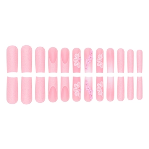 Long pink press-on nails set featuring 3D floral designs and glitter matte finish