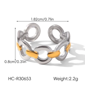 Detailed dimensions of the two-tone stainless steel open ring with sizing and weight info