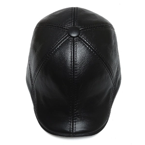 Men's winter black genuine cowhide leather flat cap with warm lining and ear protection