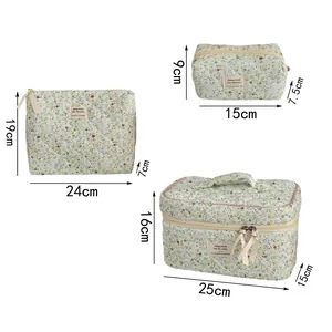 Green corduroy floral cosmetic bag sizes detail with dimensions for various styles