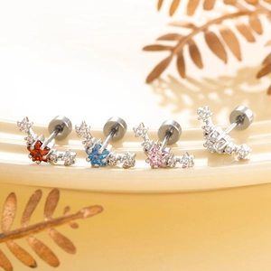 Star-shaped zircon screw back earrings in four colors made of polished titanium steel