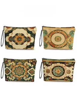 Detailed pattern display of four bohemian makeup bags with vintage mandala designs