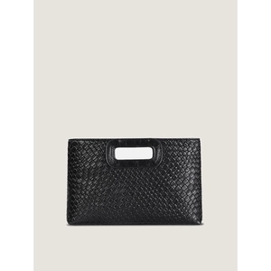 Detail of black woven PU leather clutch showing hollow handle and intricate texture