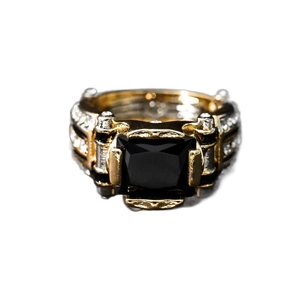 Two-tone silver and gold ring featuring a square black gemstone and pavé accents