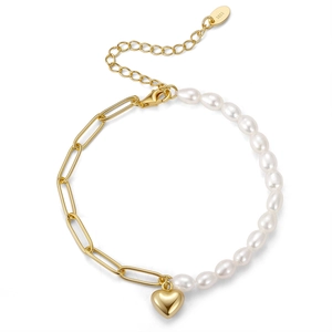 S925 sterling silver bracelet with baroque pearl and golden heart pendant for women