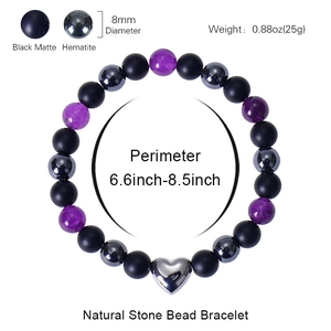 8mm Armband aus schwarzem Achat und violetten Steinen mit Herzanhänger und Maßen