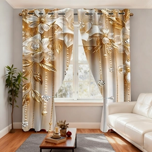 Detail of 3D floral printed velvet curtain with white flowers and crystal drop patterns