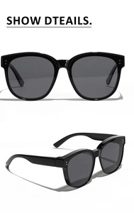 Detail view of large square TR90 polarized sunglasses showing side and front view