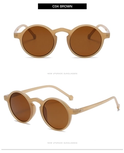 Detail of round retro sunglasses in brown finish with high-quality matte frames and lenses