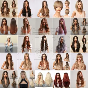 Collage of long straight and wavy synthetic wigs with bangs in various gradient colors