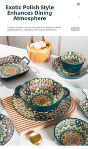 Detailed top view of Bohemian ceramic plates and bowls with colorful floral patterns