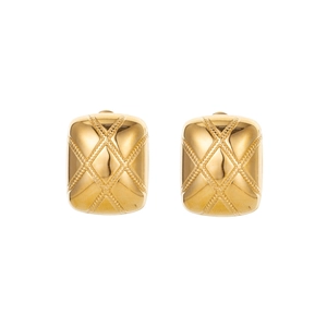 Detailed macro view of 14K gold plated stainless steel earrings with quilted texture pattern