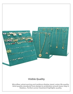 Three-piece dark green velvet jewelry display set for necklaces and earrings in macro view