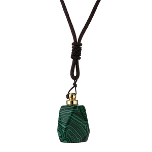 Green malachite perfume bottle pendant with golden cap and brown braided rope necklace