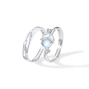 925 silver whale tail couple rings set with blue moonstone on white background