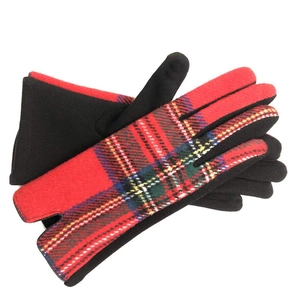 Women's autumn winter warm woolen gloves with stylish red and black Scottish plaid pattern