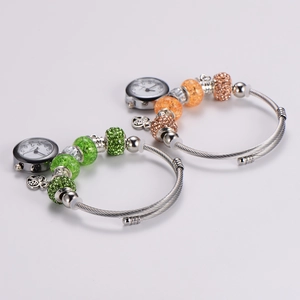 Adjustable stainless steel beaded bangle watch with sparkling crystals and colored beads