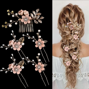 Pink flower bridal hair clip set with pearls and gold leaves for wedding hair styling