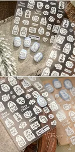 Macro detail of 3D embossed Christmas nail stickers with snowman and bear designs