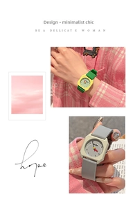 Detail of square quartz student watch with silicone strap and yellow-green color contrast