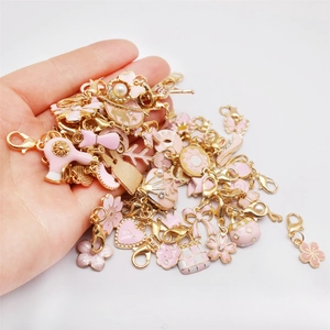 Pink enamel pendants with rhinestones and lobster clasps for shoe and bag decoration