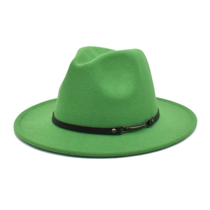 Detail of lime green wool fedora hat featuring a black leather belt with metal buckle