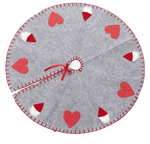 Detailed top view of 1m grey felt Christmas tree skirt with red heart and hat appliques