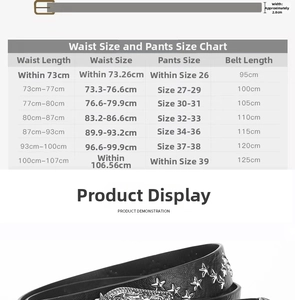 Size guide for star rivet punk belt with width details and length comparison chart