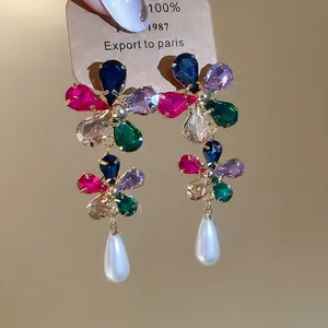 Colorful Flower Crystal Drop Earrings With White Artificial Pearl And Silver Earring Post Retro Gold Plated Jewelry For Women