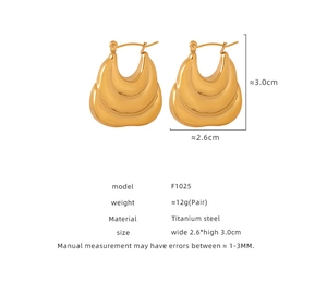 Detail view of gold titanium steel layered bag-style earrings with size measurements