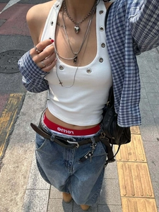 Top Halter Donna Maglia a Costine Occhielli Metallici Schiena Scoperta Sexy Streetwear Slim Fit Y2K Gilet Senza Maniche Estate