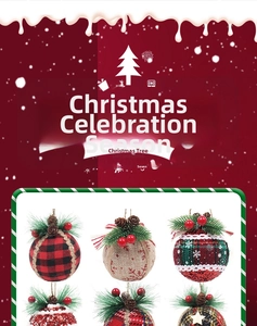 Close-up of Christmas tree balls with plaid fabric, pine cones and berries decoration