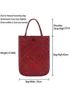 Red woven forest style straw tote bag with dimensions 42x35 cm for beach and summer use