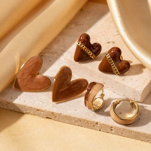 French vintage titanium steel heart earrings in wine red and gold with enamel finish
