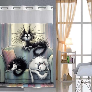 Waterproof polyester shower curtain with cute cartoon cats illustration and metal eyelets