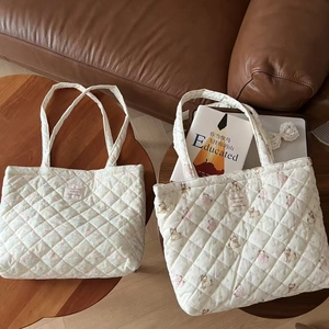 Detailed shot of quilted tote bags featuring floral patterns and cute bear prints