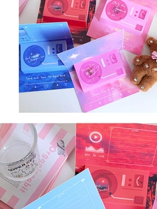 Detail of colorful retro record player 3D greeting cards with romantic English quotes