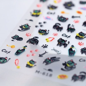 Autocollants 3D pour ongles motif chat noir dessin animé M-618 avec détails pailletés