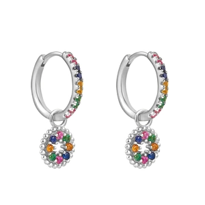 Detail of silver hoop earrings with multicolored cubic zirconia in a micro-pave setting