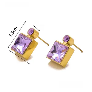 Detailed size view of square purple crystal stud earrings with gold metal base