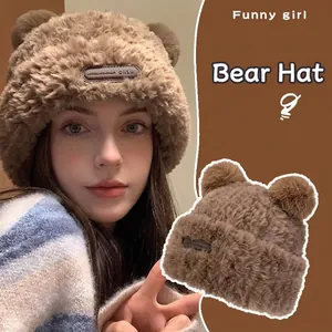 Winter-Plüschmütze mit Bärenohren in Braun aus Kunstpelz mit Fleece-Futter für Damen