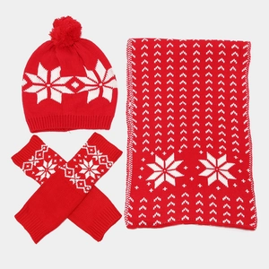 Red 3-piece Christmas knit set with snowflake patterns including hat, scarf and gloves