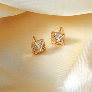 Luxurious square pyramid earrings in gold finish with micro-pave white zircon stones