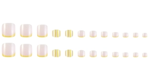 Detail of nude pink press-on toenails featuring yellow French tips and vertical stripes