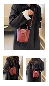 Three-angle views of a red fashion bucket bag with top handle and adjustable strap
